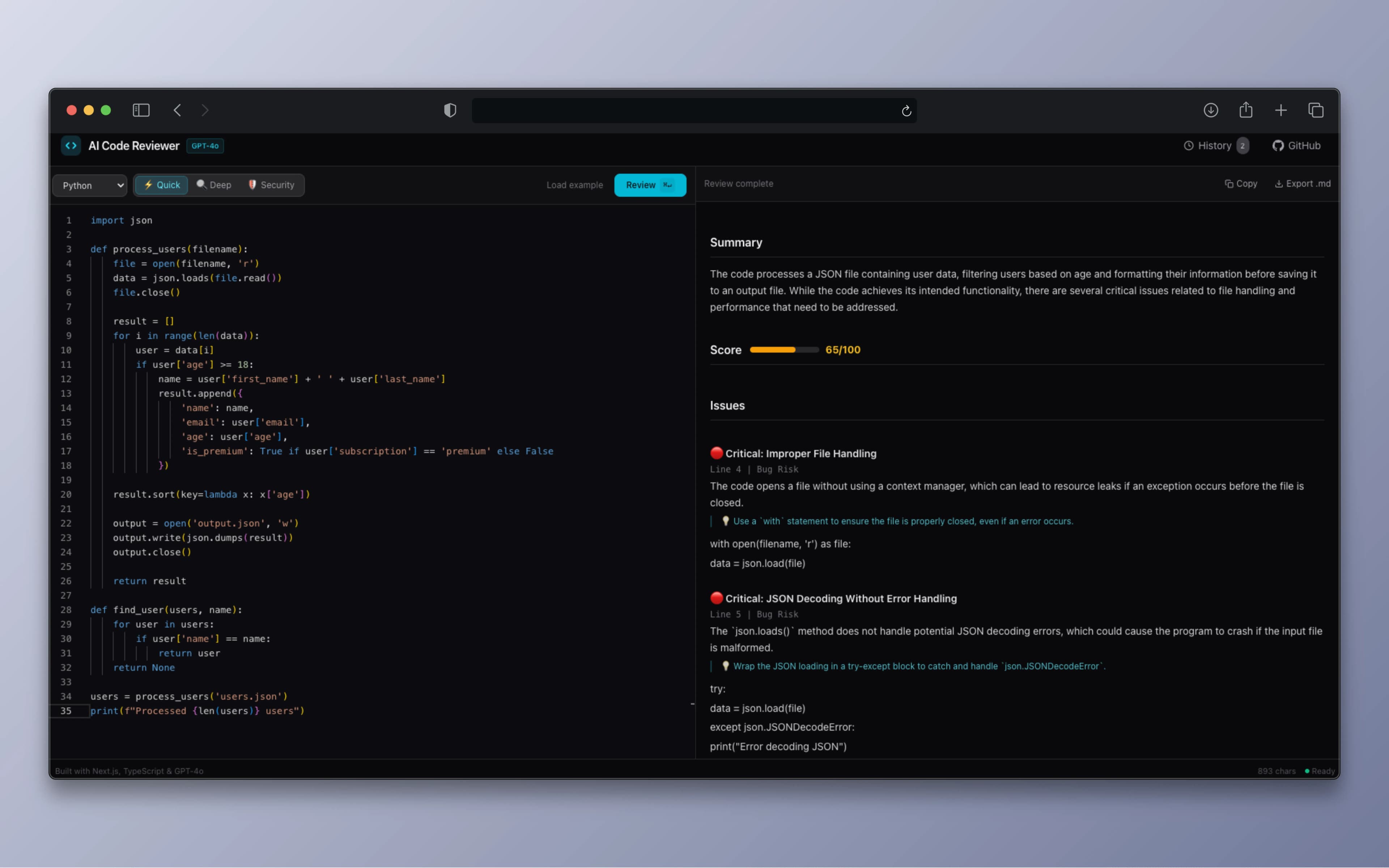 AI Code Reviewer showing a Python code review with score, issues, and suggestions
