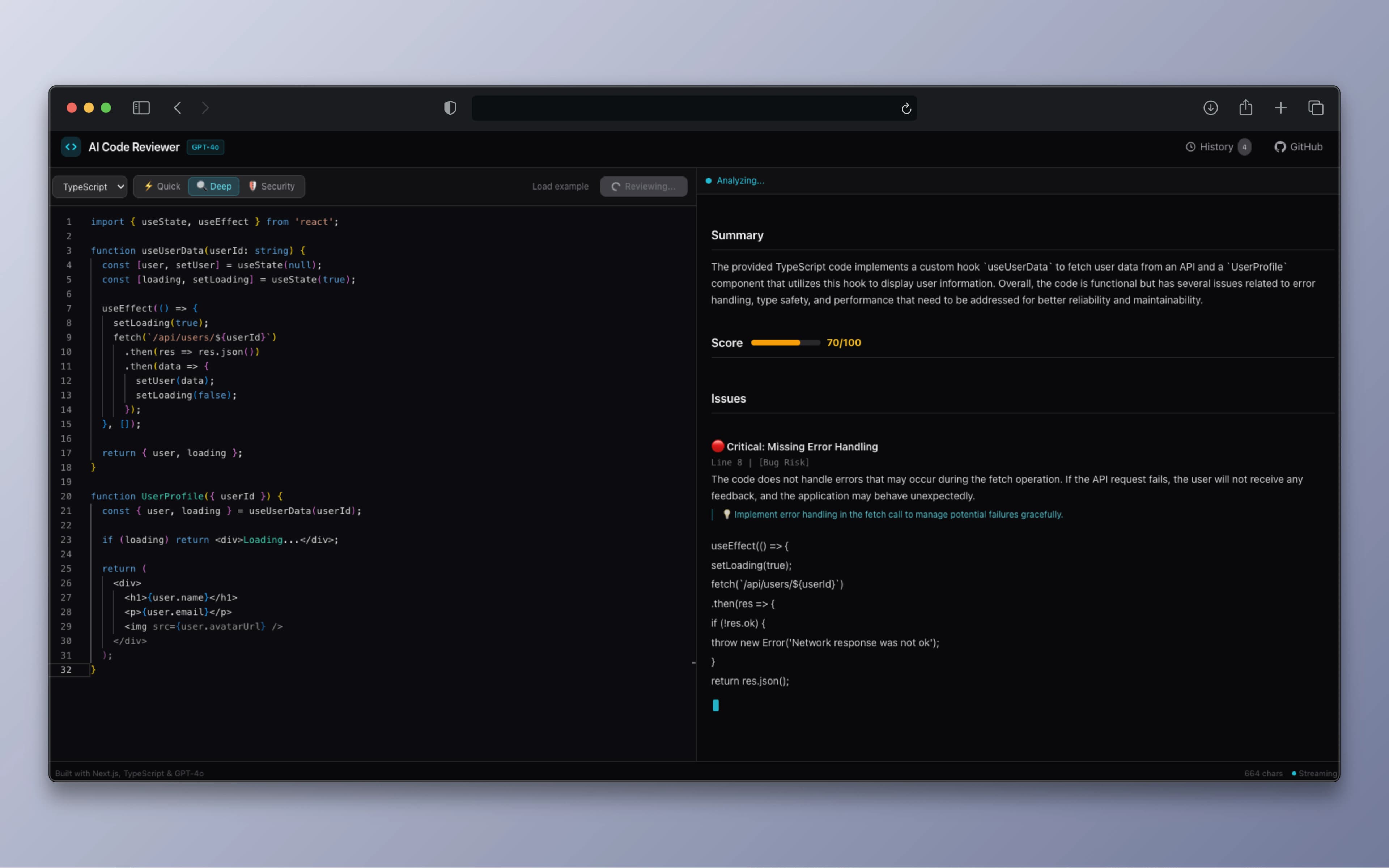 Streaming review in progress with pulsing cursor
