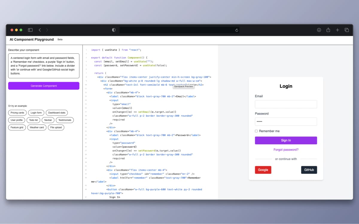 AI-generated login form with social auth buttons