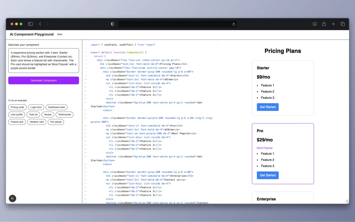 AI-generated pricing card with 3 tiers