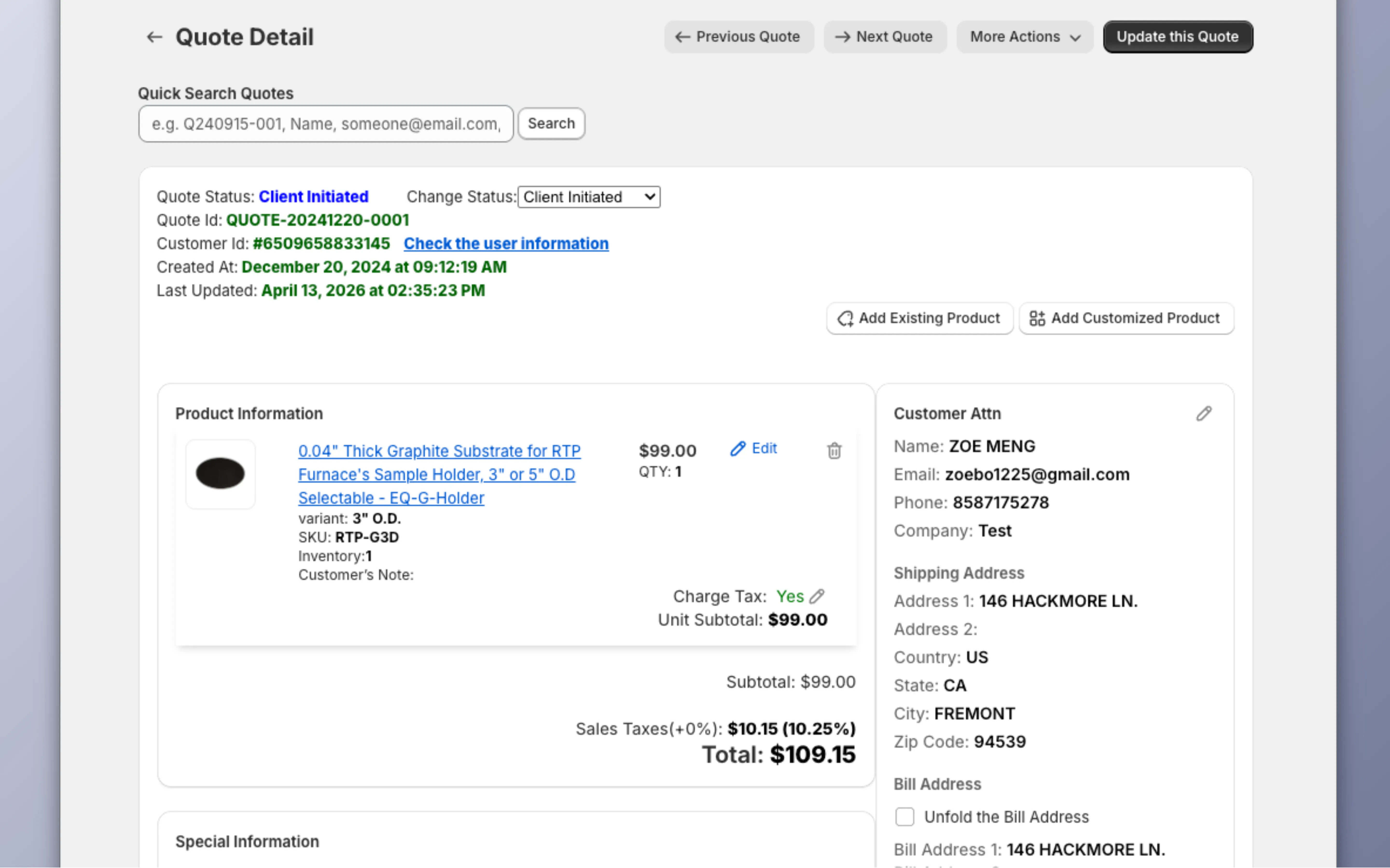 Quote Detail command center
