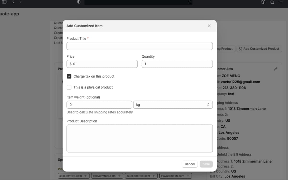 Add Customized Item modal