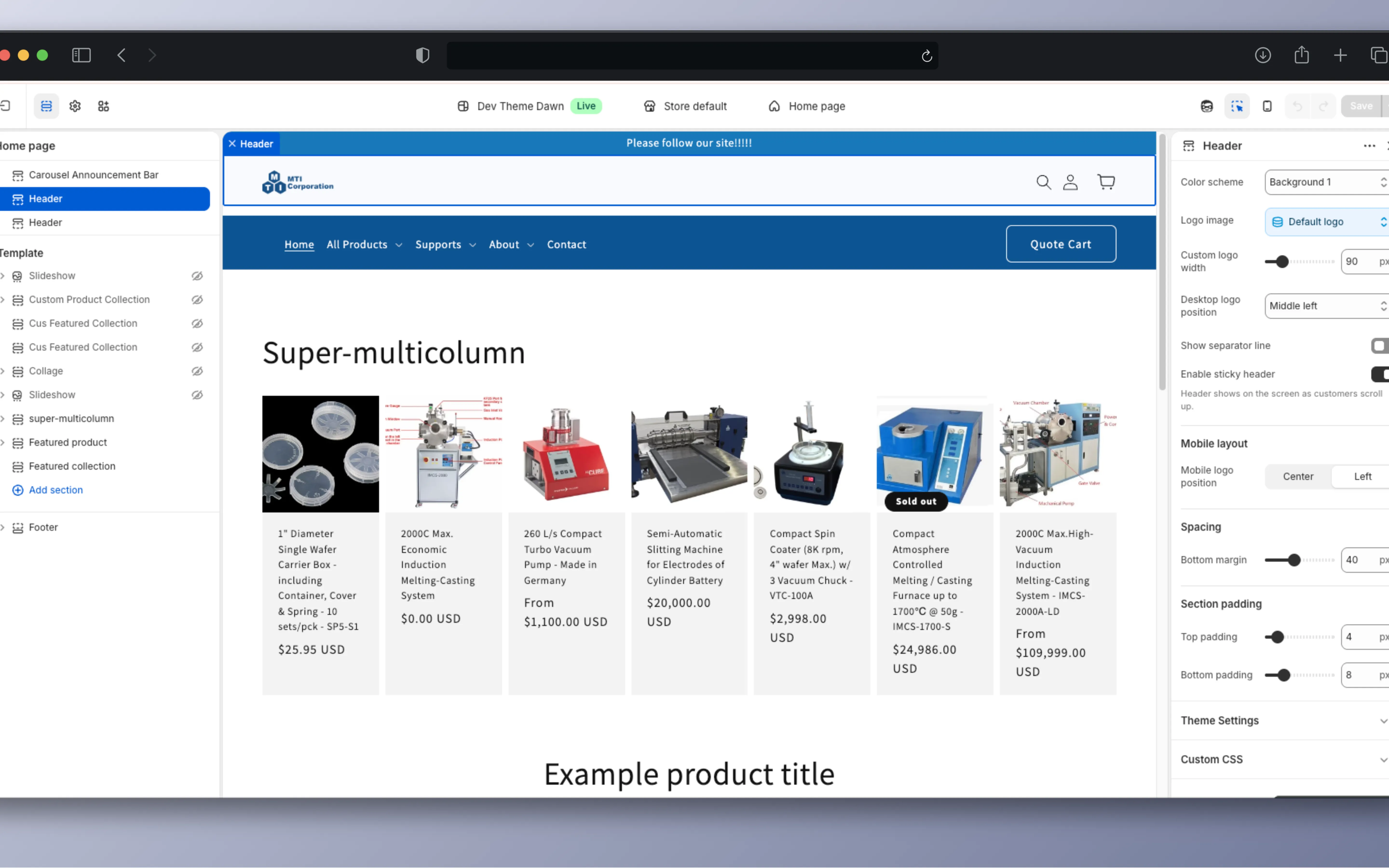 MTI storefront homepage with Shopify theme editor showing modular sections