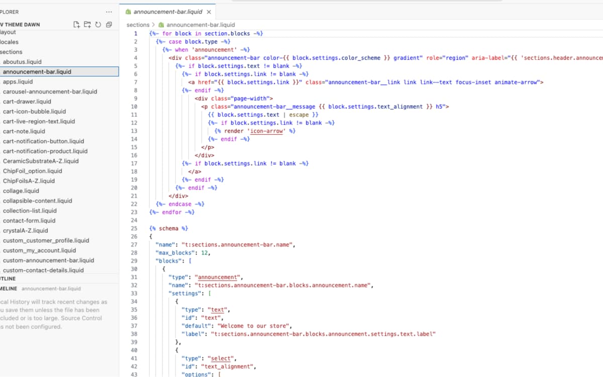 Liquid section code with schema block for visual editor configuration
