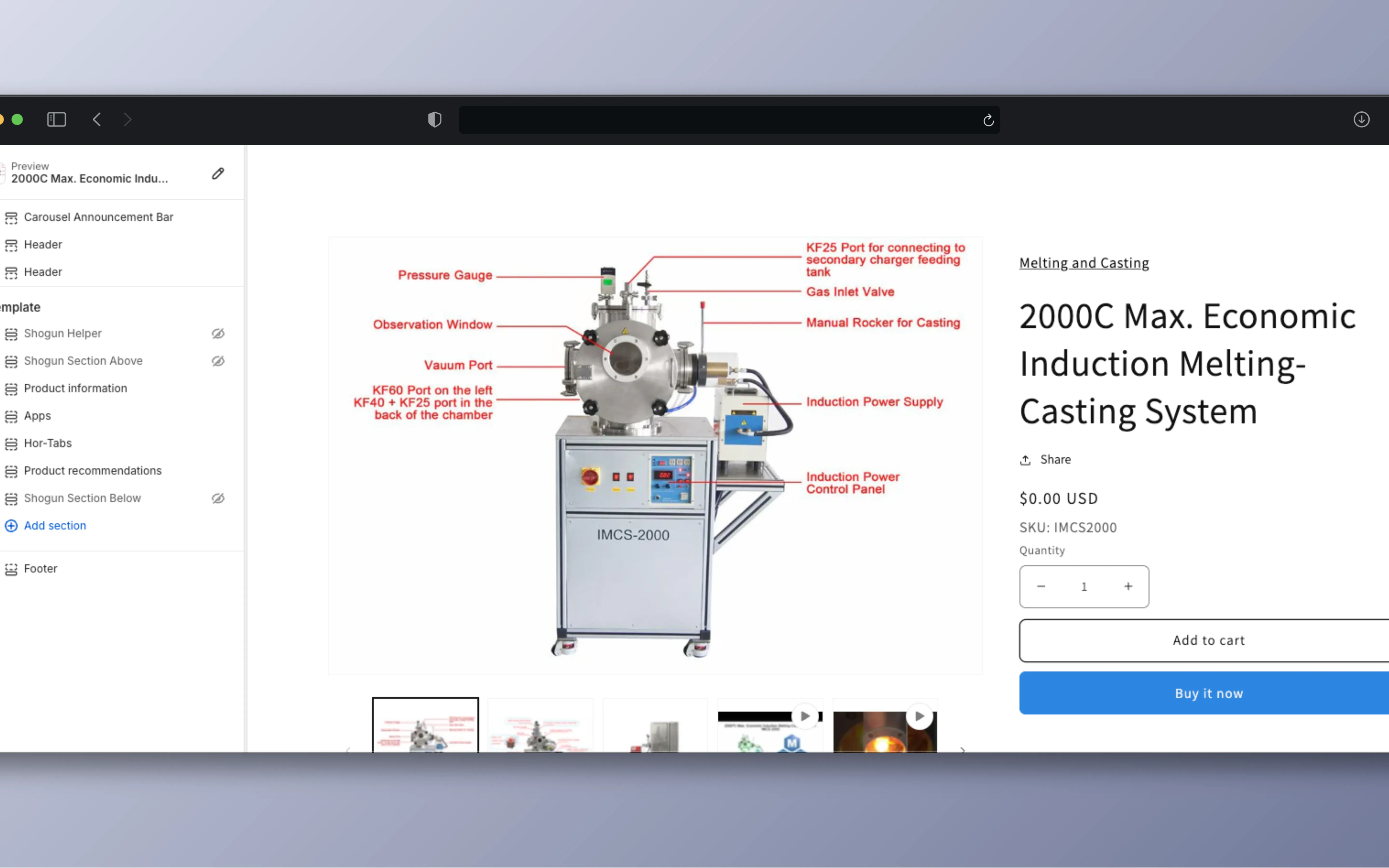Product detail page for industrial equipment with labeled components