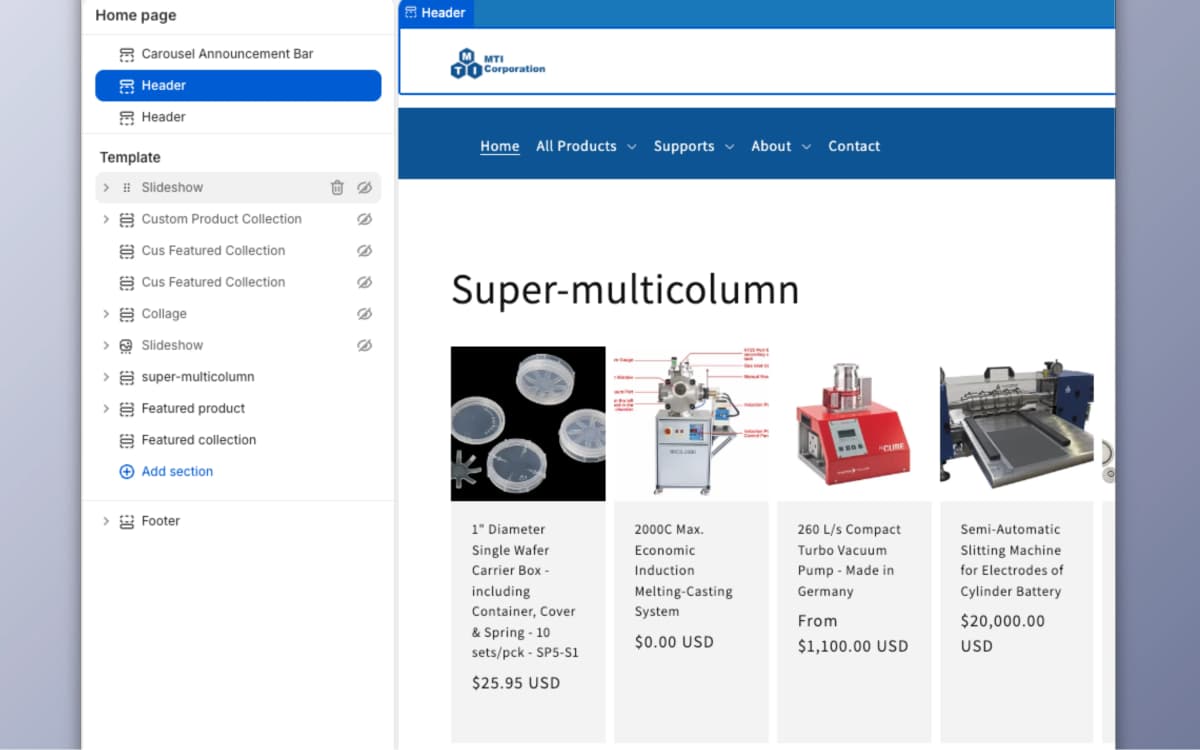 Modular template sections in Shopify theme editor