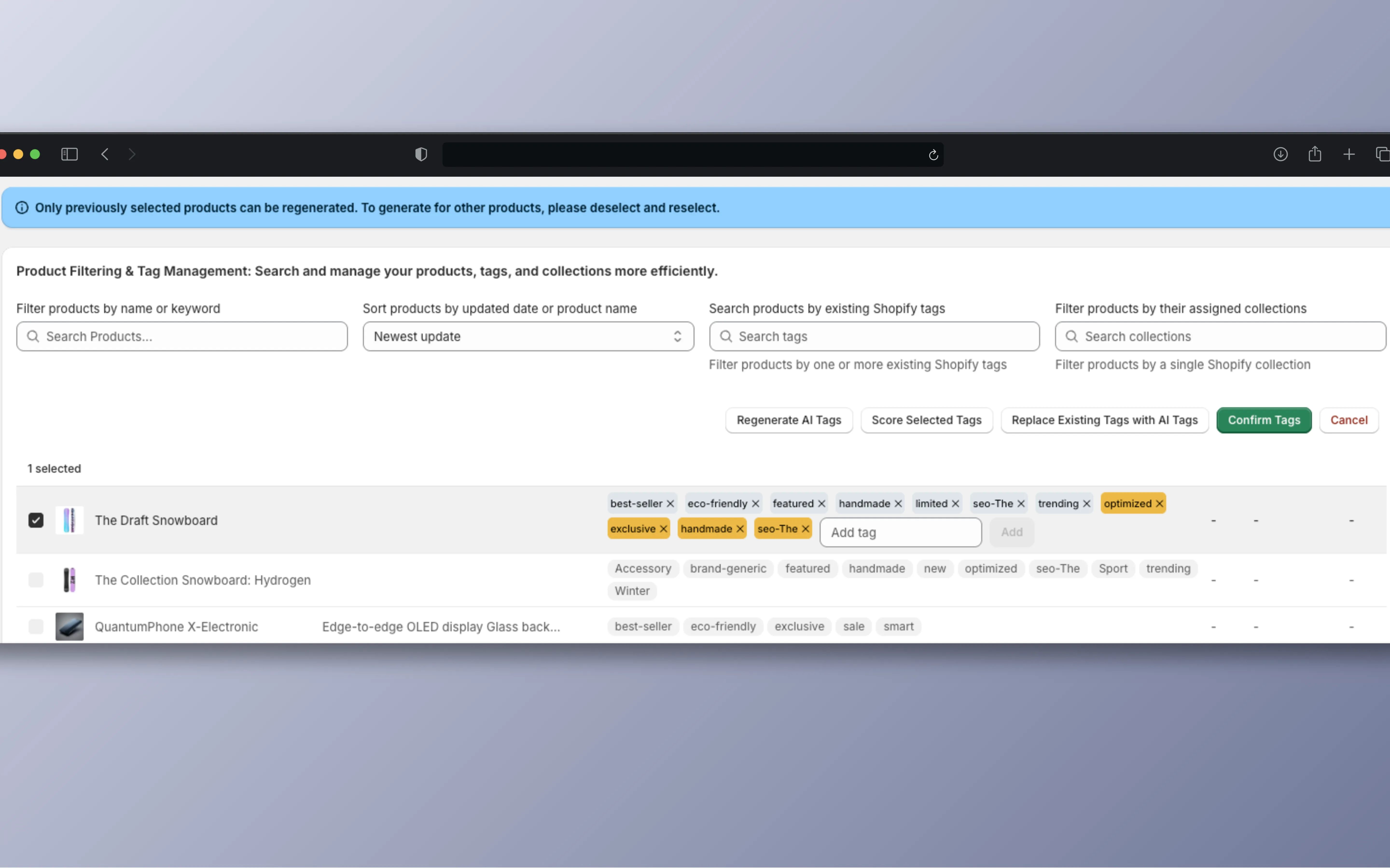 Product with AI-generated tags in orange staging state, editable before commit