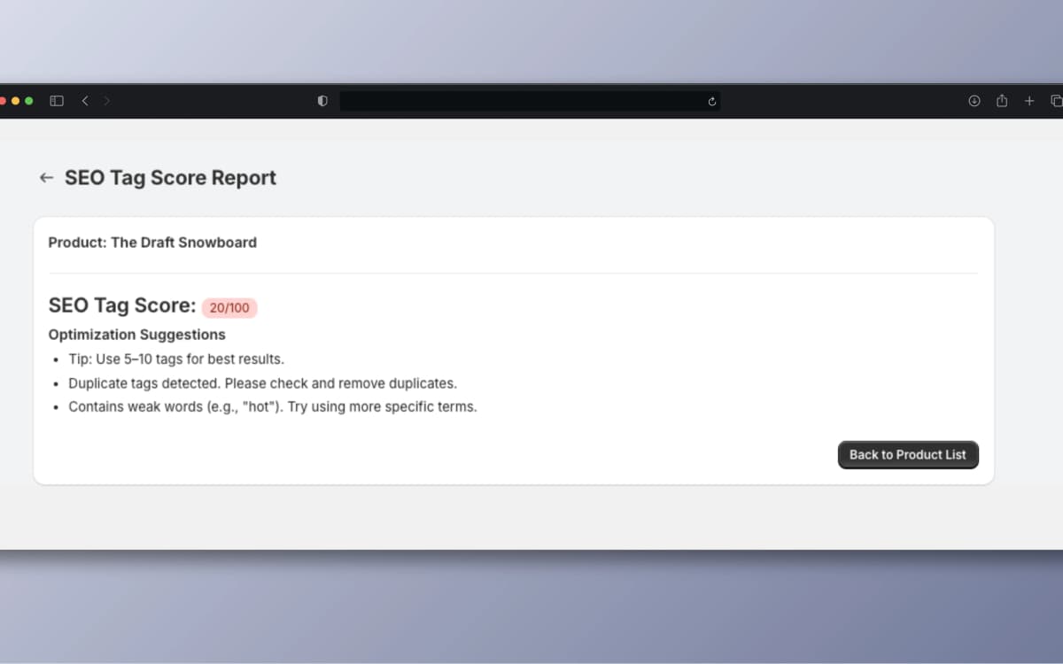 Detailed SEO Tag Score Report with optimization suggestions
