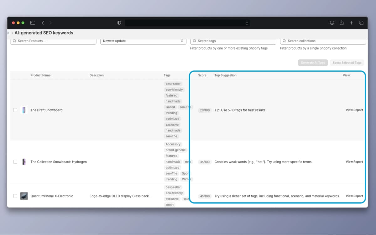 Products with SEO scores and inline suggestions