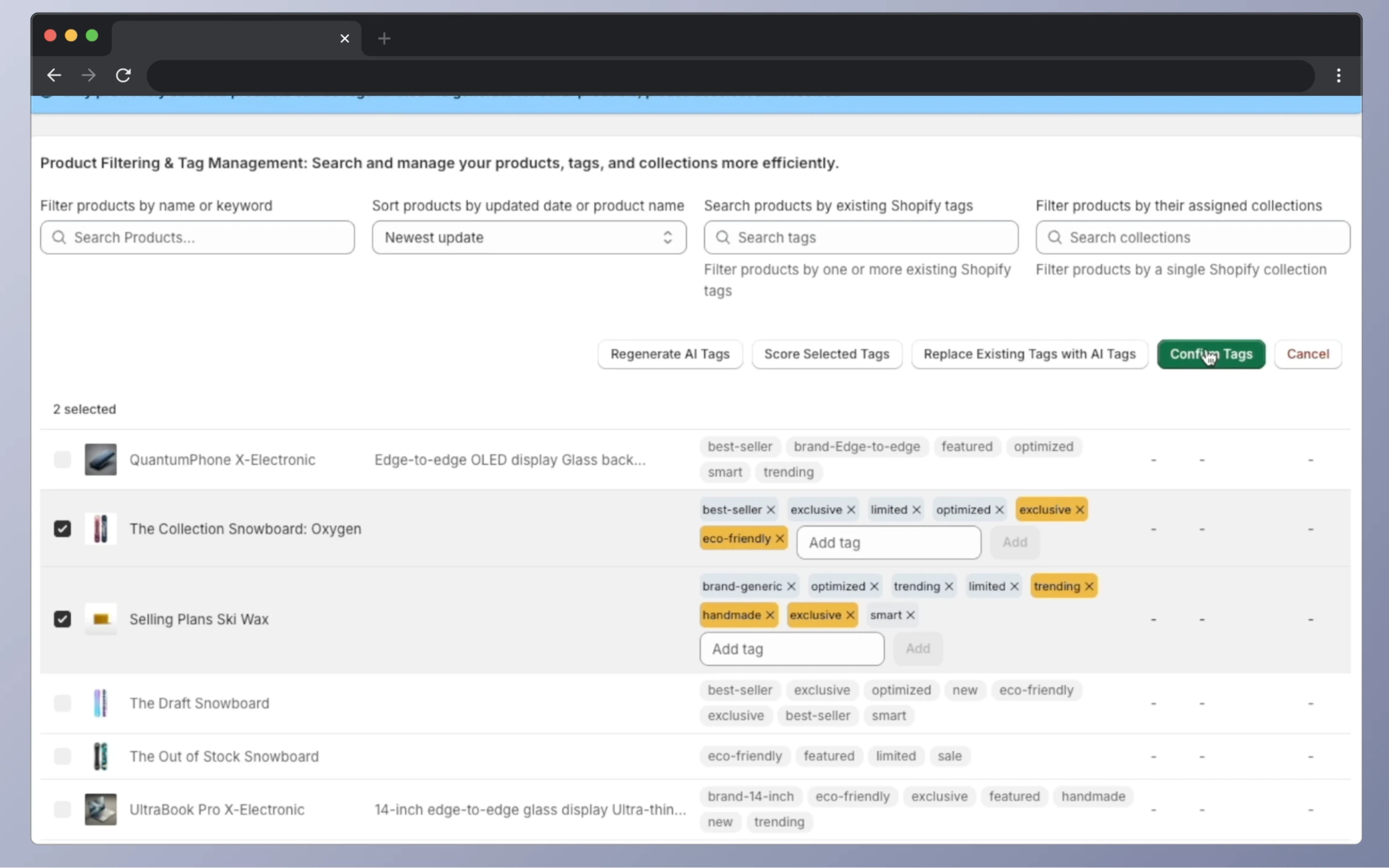 TagWise AI dashboard showing product list with tags, scores, and suggestions