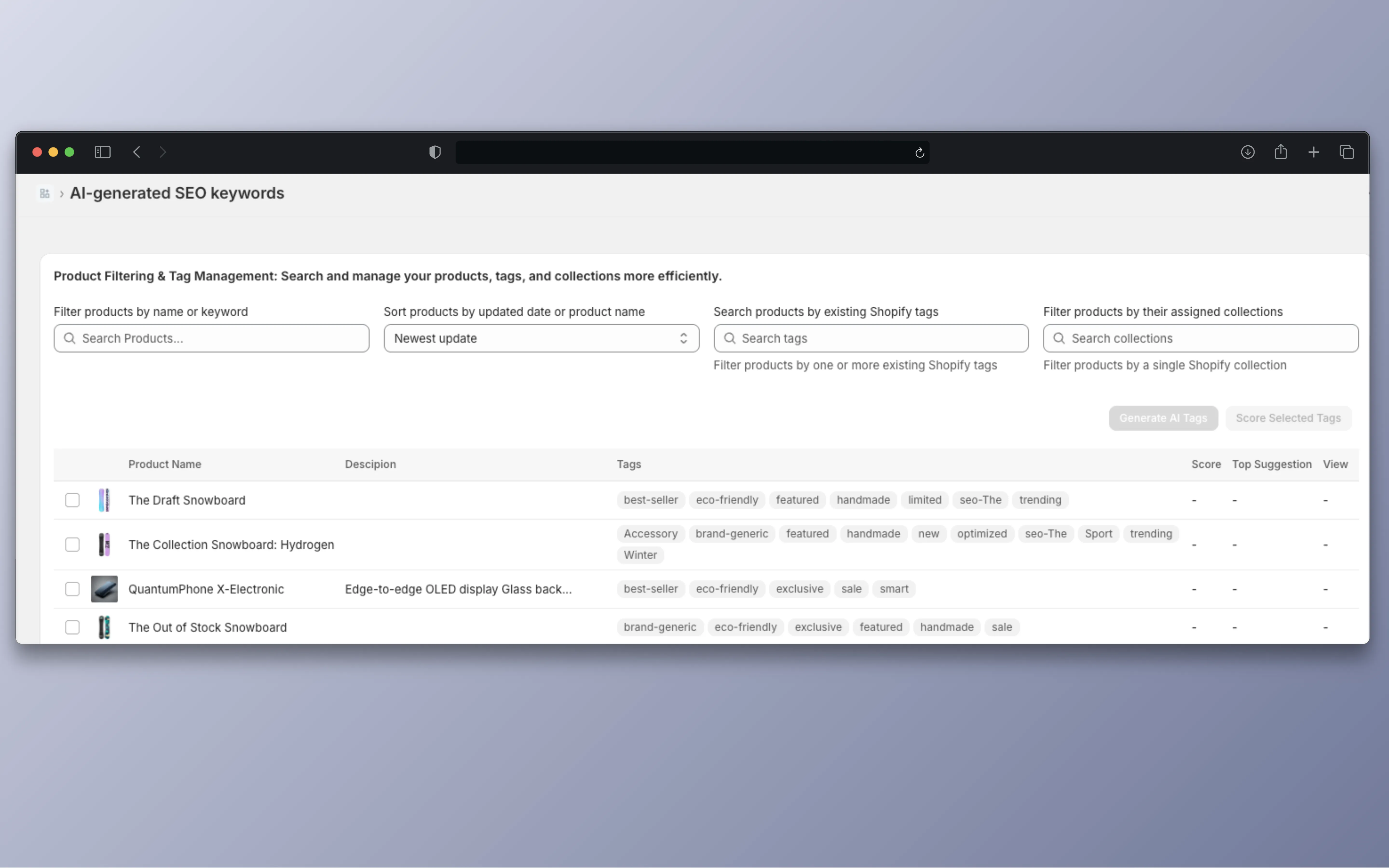 Dashboard with search, sort, tag filter, and collection filter